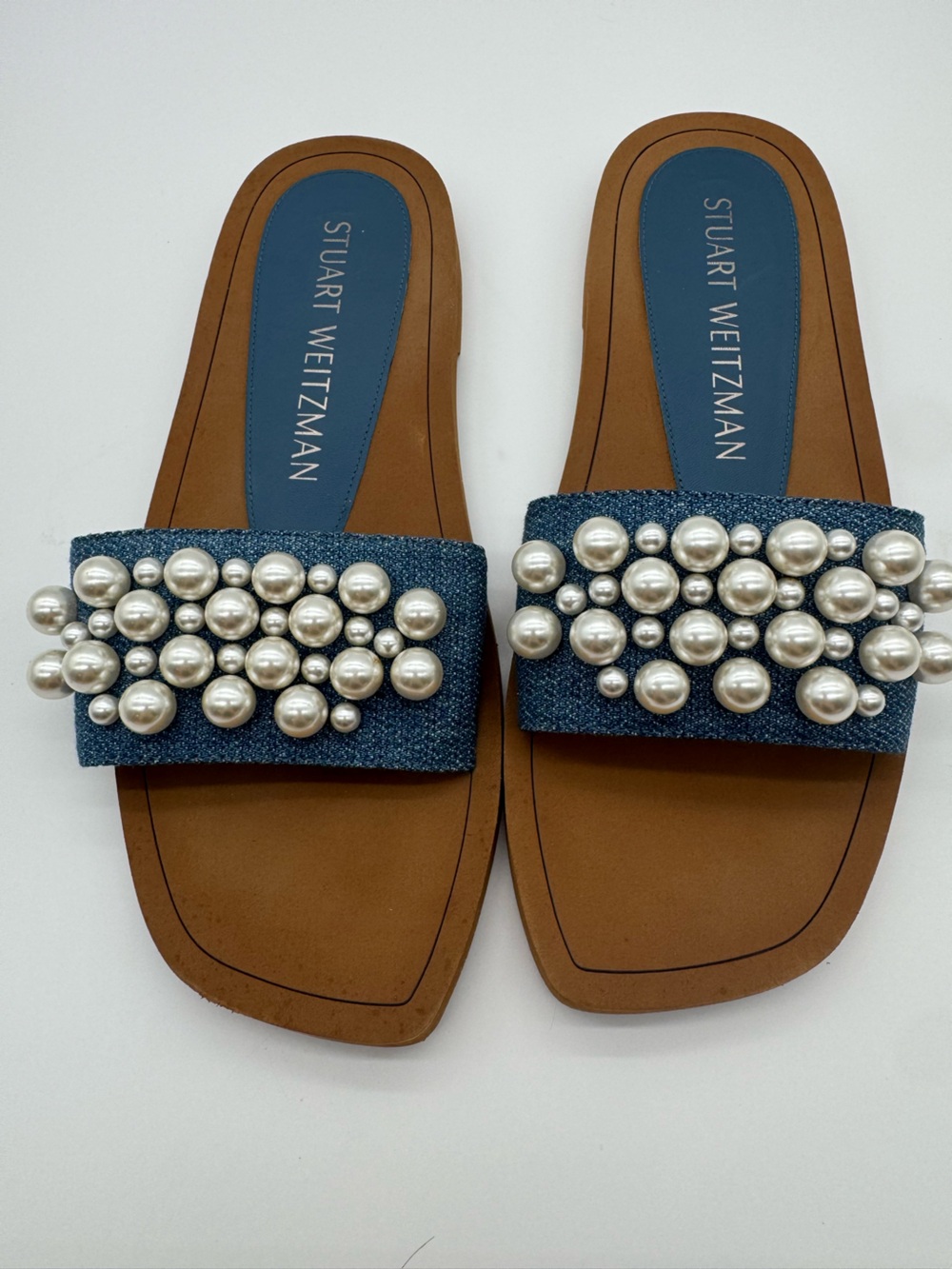 Stuart Weitzman Denim Blue Pearl-Embellished Slide Sandals